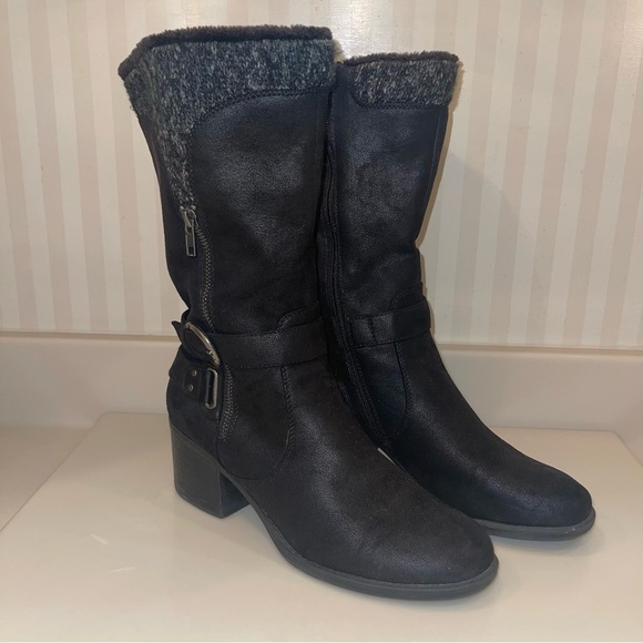 BareTraps Shoes - BARE TRAPS Womens Willow Black Heeled Riding Boots Round Toe Stacked Heel